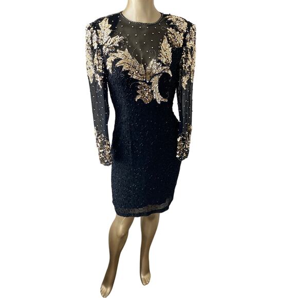 Niteline Sequined Black Silver Gold Silk Vintage Dress Women Size 6 Rhinestone - Picture 1 of 7